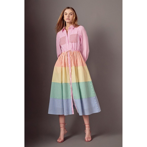 English Factory Women's Striped Shirt Dress Rainbow Pastel Midi Casual Size L - Picture 1 of 7